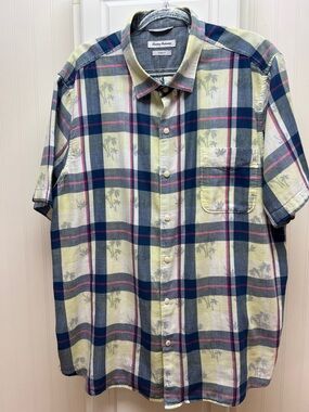 Tommy Bahama Yellow and Navy Plaid Short Sleeve Button-Up Shirt